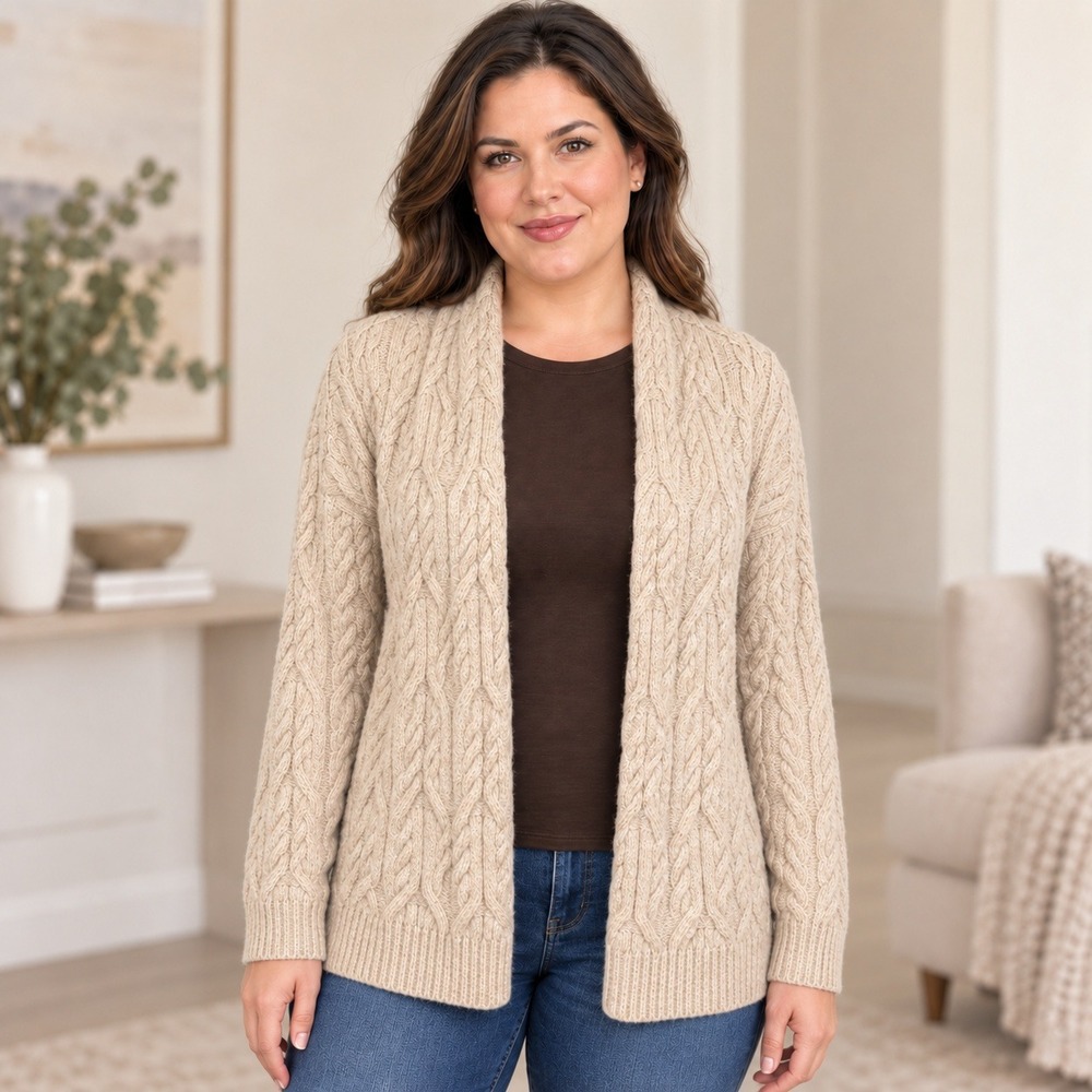 Ann Taylor Open Front Cardigan M Cable Knit Cozy Alpaca Wool Blend Layering
